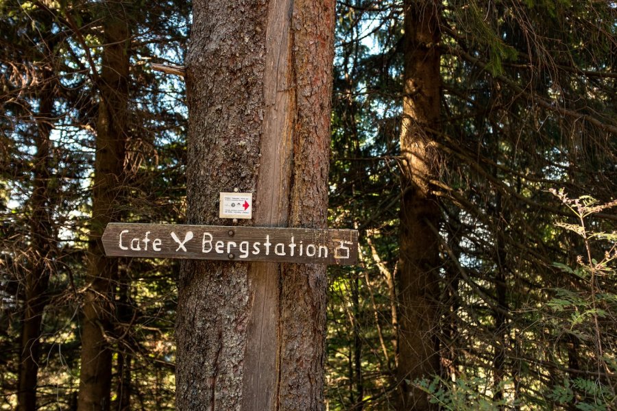 Schild mit Hinweis auf Cafe und Restaurant die Bergstation
